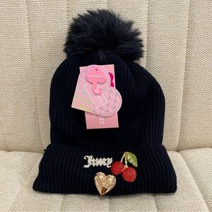 NEW Juicy Couture Black Knit‎ Beanie with Pom Pom Rhinestone Cherry Fur Lining